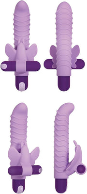 Purple silicone vibrator with textured shaft and butterfly-shaped clitoral stimulator shown from multiple angles.