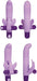 Purple silicone vibrator with textured shaft and butterfly-shaped clitoral stimulator shown from multiple angles.
