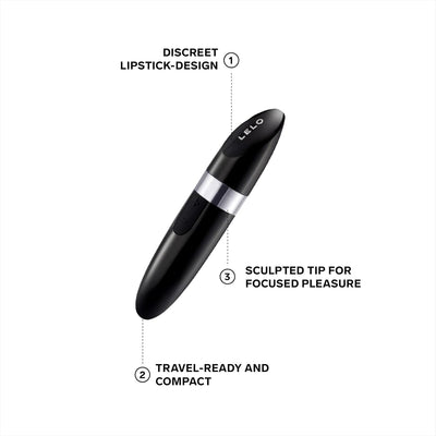 Compact black LELO Mia 2 massager with discreet lipstick design, travel-ready size, and sculpted tip for focused pleasure.