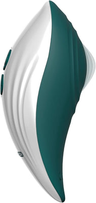 Curved palm-sized vibrator in white and teal silicone with two control buttons and ergonomic design.