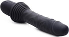 Black vibrating and thrusting dildo with textured shaft and ergonomic handle for easy grip and control.