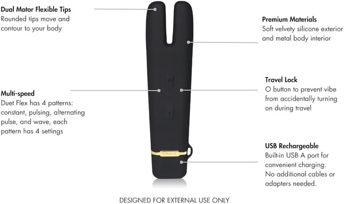 Black Crave Duet Flex vibrator with dual flexible tips, soft silicone exterior, travel lock, and built-in USB rechargeable port.