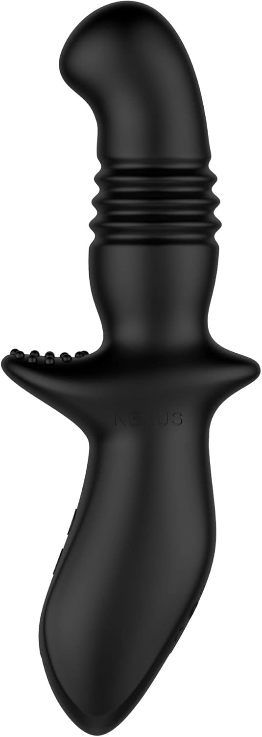 Black ergonomic thrusting probe with textured shaft and curved handle for comfortable control and targeted stimulation.