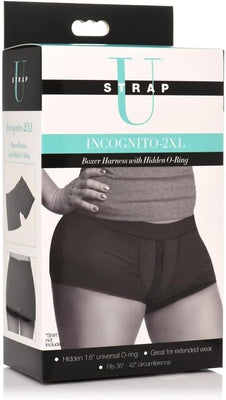 Packaging of Incognito 2XL boxer harness with hidden O-ring, showing black supportive boxer shorts on model.