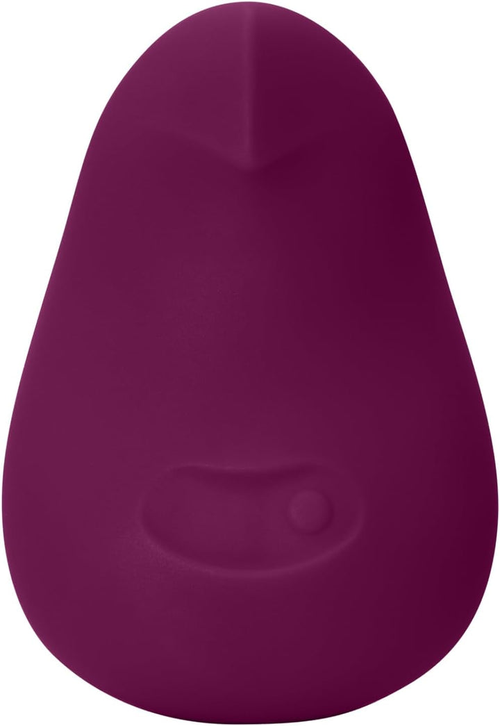Compact plum-colored Dame Pom flexible vibrator with smooth silicone surface and single button control.
