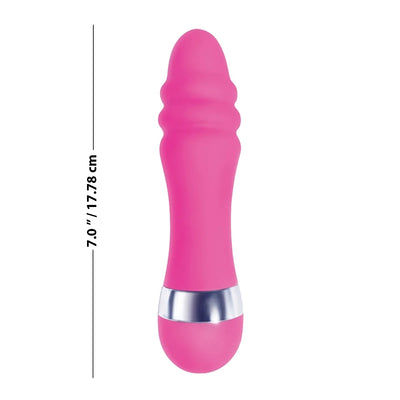 Compact pink ridged mini vibrator with silver accent, measuring 7 inches, designed for waterproof use and variable speed control.