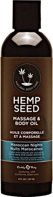 Bottle of Earthly Body Hemp Seed Massage & Body Oil in Moroccan Nights scent, 8 oz with natural oils blend label.