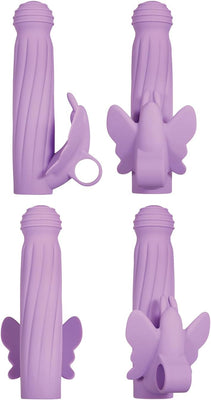 Purple silicone vibrator with textured shaft and detachable butterfly-shaped clitoral stimulator shown from multiple angles.