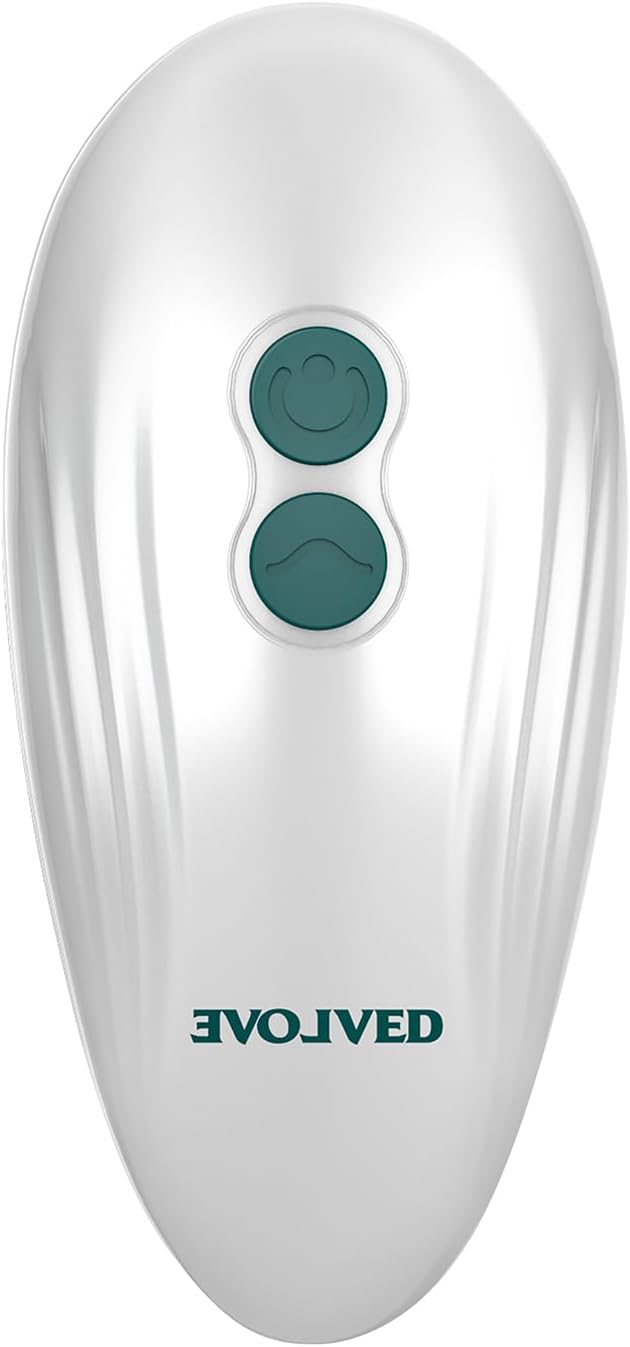 White oval-shaped palm vibrator with two teal control buttons and Evolved logo on the front.