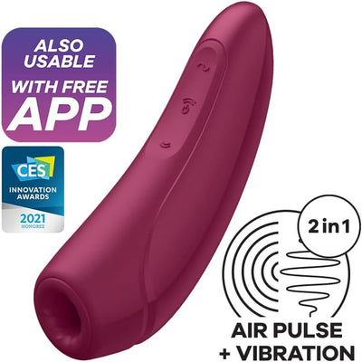 Bordeaux red Satisfyer Curvy 1+ vibrator with app control, featuring air pulse and vibration functions.