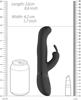 Black Vive Izara rotating beads rabbit vibrator with curved shaft and clitoral stimulator, shown with size scale and comparison objects.