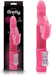 Pink Firefly Lola thrusting rabbit vibrator with butterfly-shaped clitoral stimulator and control panel, shown with packaging.