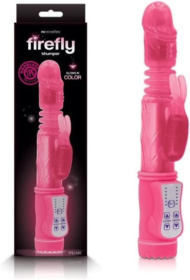 Pink Firefly Thumper Thrusting Rabbit Vibrator with control panel and glow-in-the-dark feature shown with packaging.