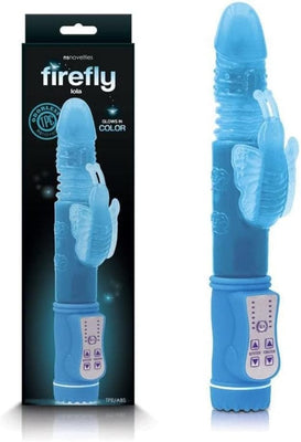 Blue Firefly Lola thrusting rabbit vibrator with glow-in-the-dark feature and control panel, shown with packaging.