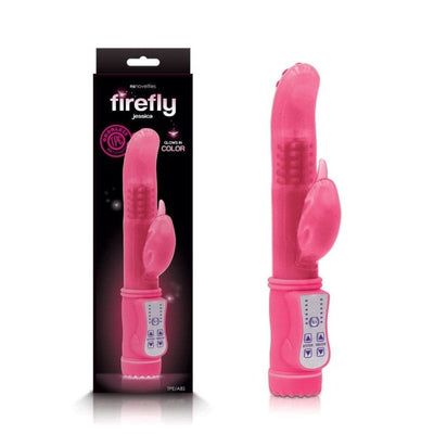 Pink Firefly Jessica rotating rabbit vibrator with control panel and packaging box on white background.