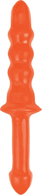 Orange double-ended textured silicone thruster with flared base and smooth handle for versatile use.