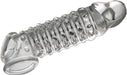 Clear textured open-ended penis extender with ribbed and nubbed design for enhanced sensation and comfort.