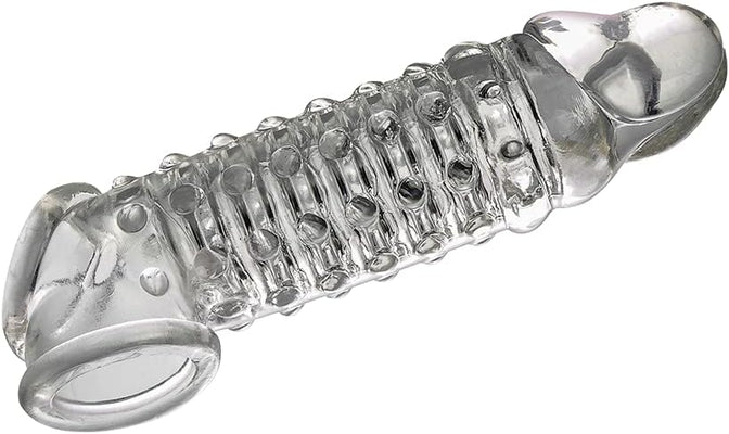 Clear textured open-ended penis extender with ribbed and nubbed design for enhanced sensation and comfort.