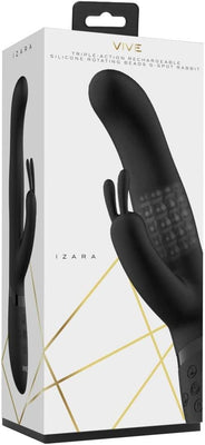 Black triple-action silicone rotating beads G-spot rabbit vibrator with dual motors, shown in sleek packaging.