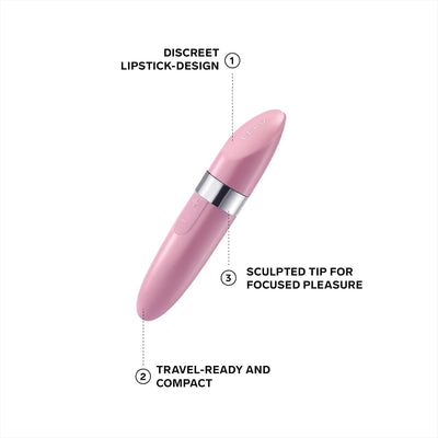 Pink compact massager with discreet lipstick design, travel-ready size, and sculpted tip for focused pleasure by Lelo Mia 2.