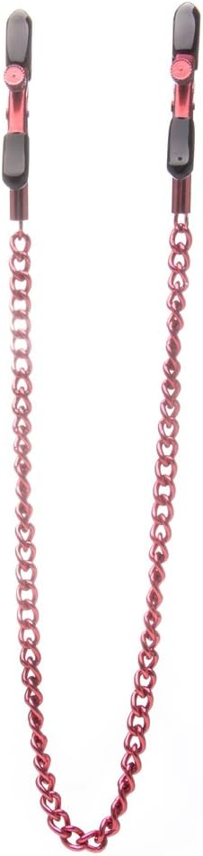 Red adjustable nipple clamps connected by a matching red metal chain with rubber-coated tips for comfort.