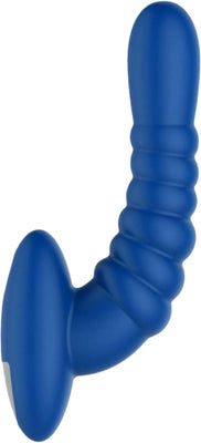 Blue ribbed silicone vibrating prostate massager with ergonomic curved design and flat base.