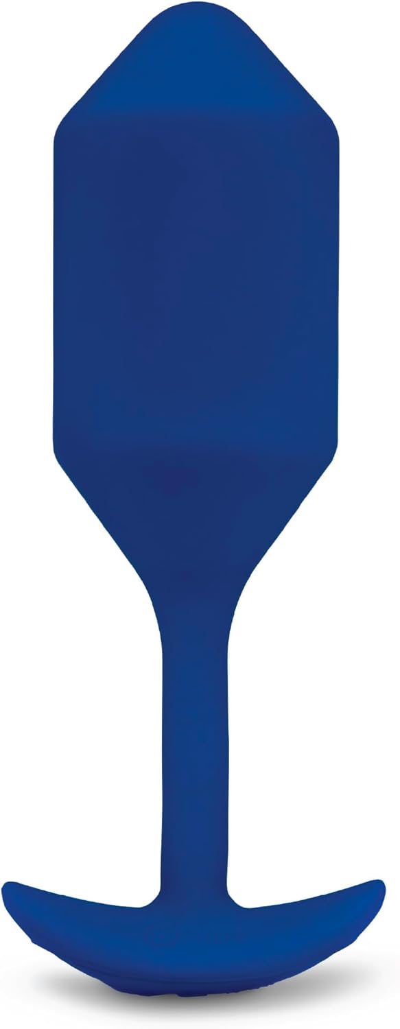Navy blue silicone vibrating weighted snug plug with tapered tip and ergonomic base for comfort and control.
