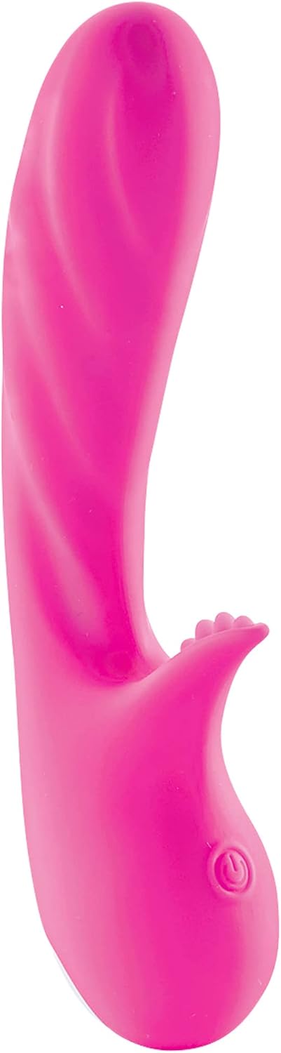 Pink silicone G-spot vibrator with textured shaft and ergonomic handle featuring power button.