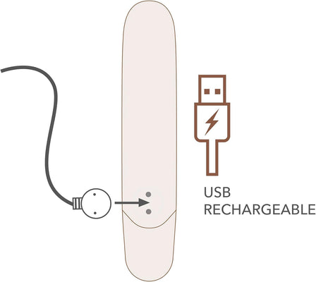 Diagram of Chaiamo Burgundy vibrator showing USB magnetic charging connection and USB rechargeable feature.