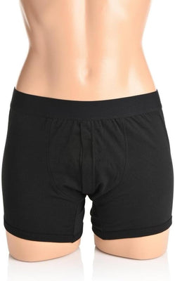 Black boxer-style harness with hidden O-ring designed for discreet wear under clothing.