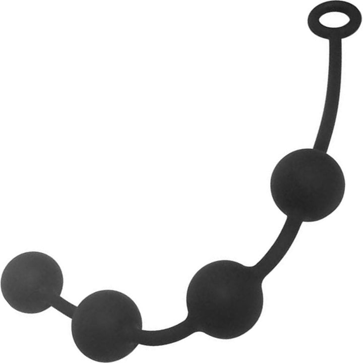 Black flexible anal beads with four graduated smooth spheres and a ring handle made of medical-grade silicone.