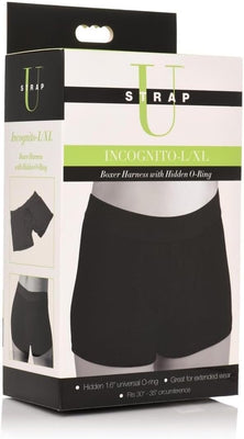 Packaging box for Incognito L/XL black boxer harness with hidden O-ring, shown on a model from front and back.