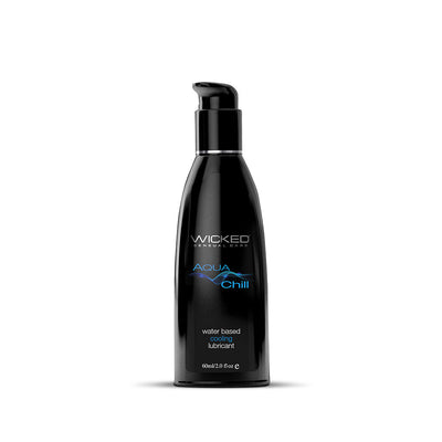 Black pump bottle of Wicked Aqua Chill water-based cooling lubricant with blue and white text on label