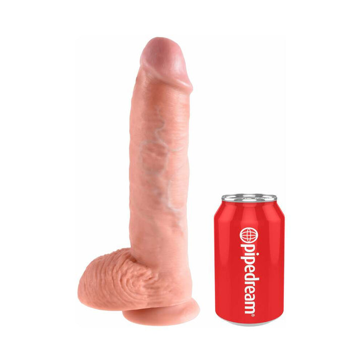 Realistic 10-inch flesh-toned dildo with suction cup base and detailed texture next to a red Pipedream can for size comparison.