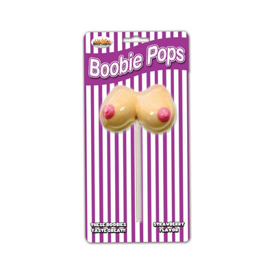 Strawberry-flavored novelty lollipop shaped like a pair of breasts on a stick in purple and white striped packaging.