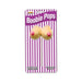 Strawberry-flavored novelty lollipop shaped like a pair of breasts on a stick in purple and white striped packaging.