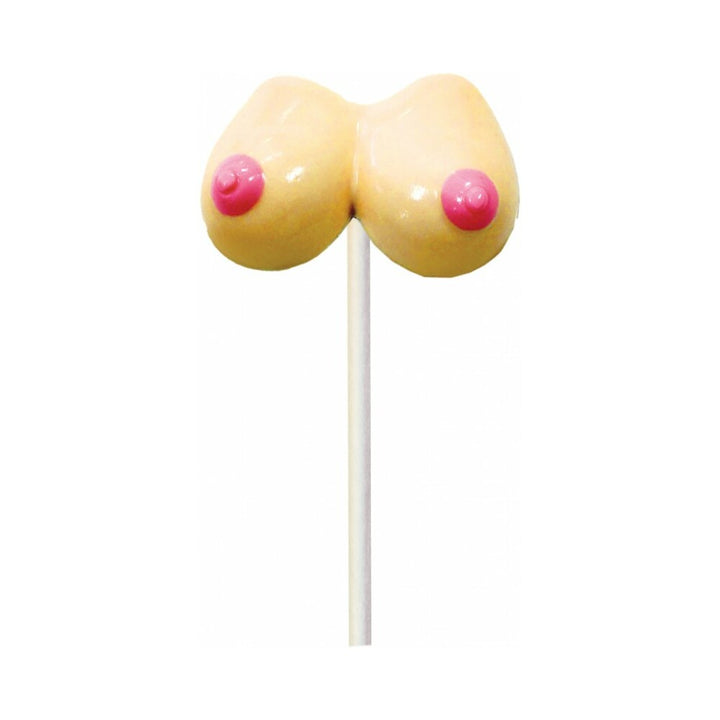 Strawberry-flavored novelty lollipop shaped like a pair of breasts with pink accents on a white stick.