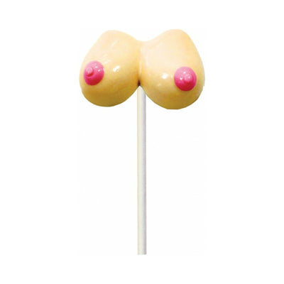 Strawberry-flavored novelty lollipop shaped like a pair of breasts with pink accents on a white stick.