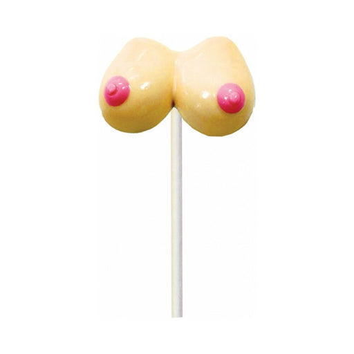 Strawberry-flavored novelty lollipop shaped like a pair of breasts with pink accents on a white stick.