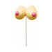 Strawberry-flavored novelty lollipop shaped like a pair of breasts with pink accents on a white stick.
