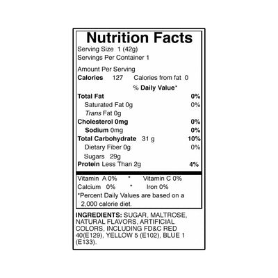 Nutrition facts label for Boobies Pops Strawberry flavor showing calories, fat, carbohydrates, protein, vitamins, and ingredients.