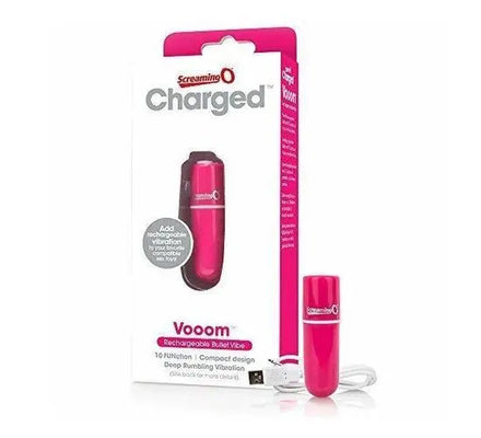 Screaming O Charged Vooom rechargeable pink bullet vibe with USB charging cable and packaging.