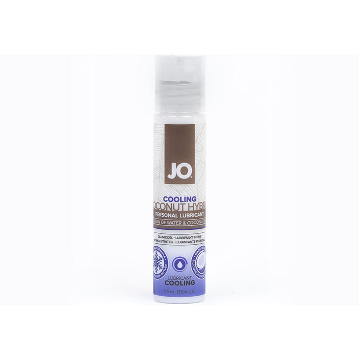 Bottle of Jo Silicone Free Hybrid Cooling Coconut personal lubricant, 1 fl oz with water and coconut formula