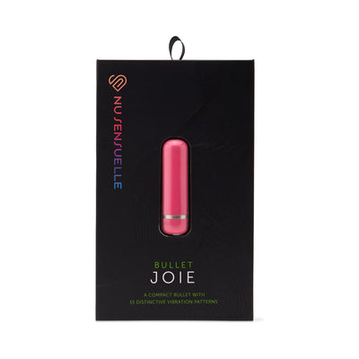 Nu Sensuelle Joie Bullet in pink with sleek black packaging highlighting 15 vibration patterns and compact design.
