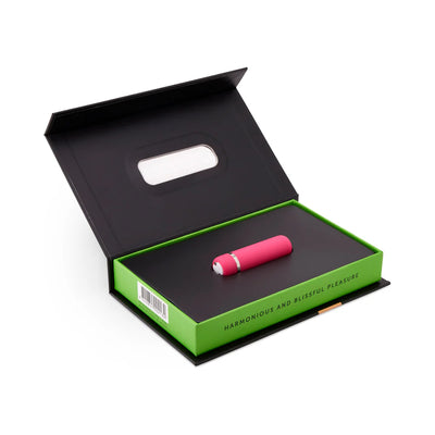 Compact pink Nu Sensuelle Joie Bullet vibrator displayed in sleek black and green gift box with magnetic closure.