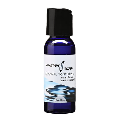 1oz blue bottle of WaterSlide personal moisturizer water-based lubricant with black flip cap and white label