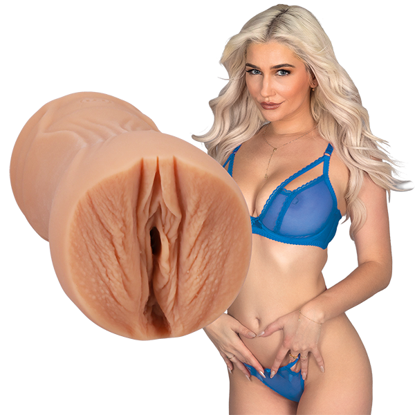 Beige ULTRASKYN pocket stroker modeled after Skye Blue with a woman in matching blue lingerie.