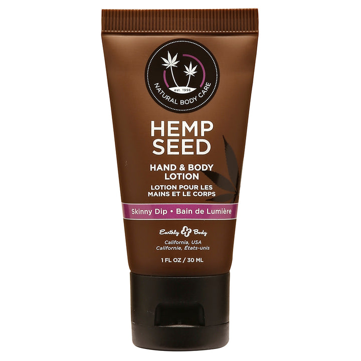 Brown tube of EB Hemp Seed Skinny Dip hand and body lotion with black flip cap, 1 oz size