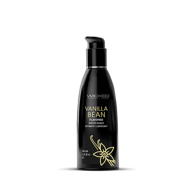 Wicked Aqua Vanilla Bean flavored water-based intimate lubricant in a sleek black 2oz pump bottle with vanilla flower design.