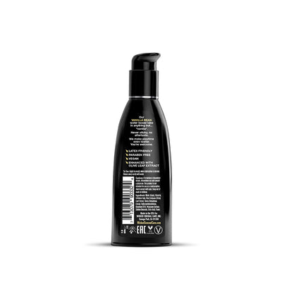 Back view of Wicked Aqua Vanilla Bean 2oz water-based lubricant bottle with product details and usage instructions.